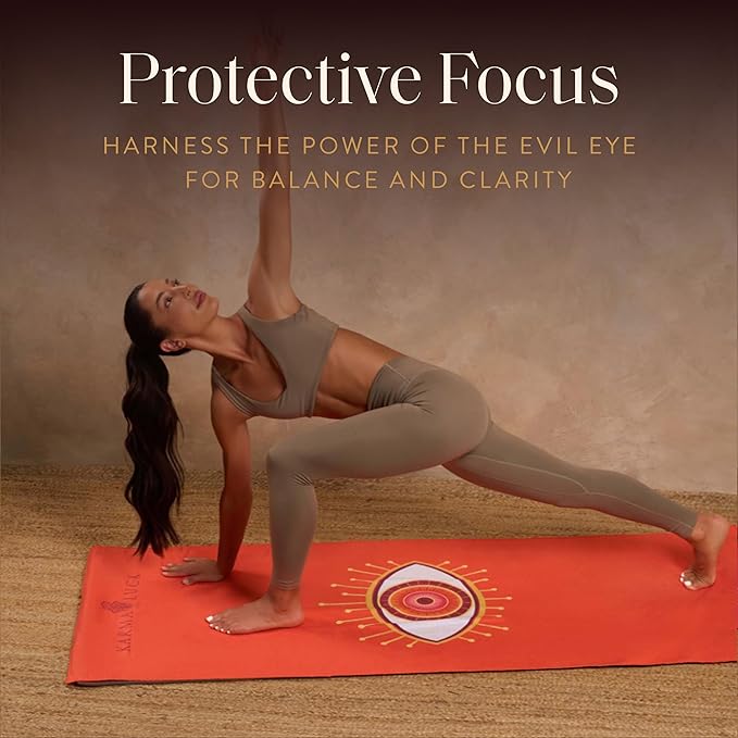 KARMA AND LUCK Guardian Energy Yoga Towel, Evil Eye Design for Protection & Focus, Non-Slip Terry Suede Hot Yoga Mat Towel with Silicone Grip, Ultra Absorbent, 26” x 72”