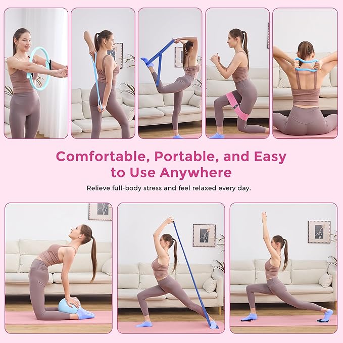 Pilates Equipment, Pilates Kit for Home Workouts, Pilates Ring and Ball Set for Women With 14.5" Pilates Ring, Ball, Resistance Bands, Sliders, Yoga Strap & Ring, Socks, Measure Tape, Stretch Band Bag