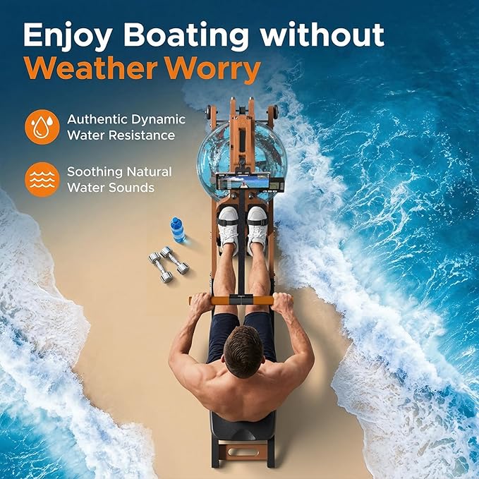 Rowing Machines for Home,Water Rowing Machine with Foldable Design,400LBS Capacity,LCD Monitor,Smooth Glide Rails,Comfortable Seat,Free App(Bluetooth) Supported for Immersive Water Rower&Home Gym
