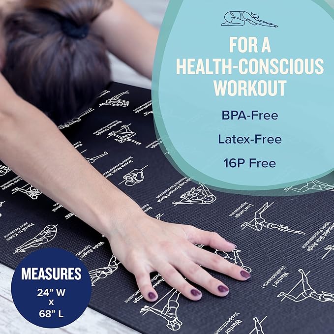 NewMe Fitness Yoga Mat for Women and Men - Large, 5mm Thick, 68 Inch Long, Non Slip Exercise Mats w/ 70 Printed Yoga Poses for Pilates, Workout and Stretching - Home and Gym Essentials