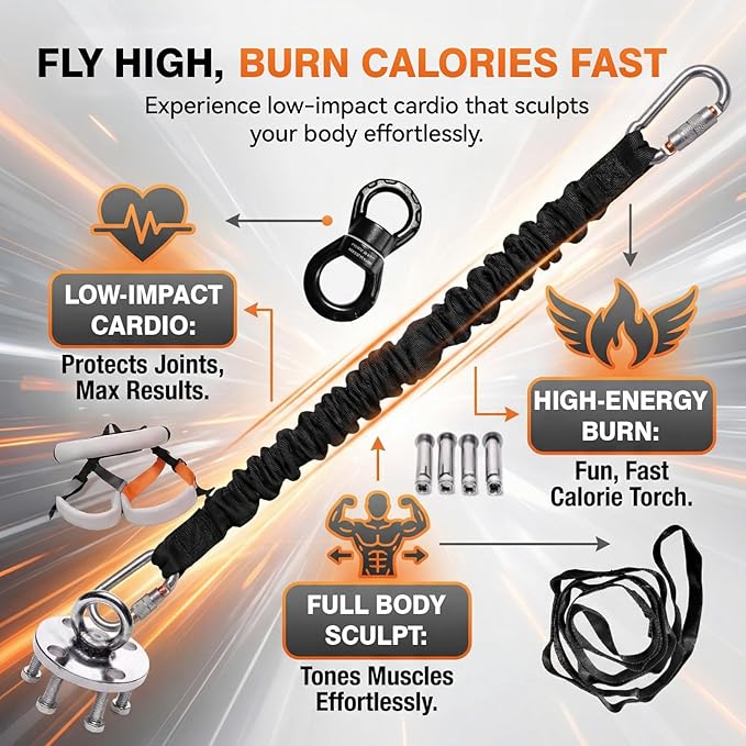 Bungee Fitness Equipment Set (Size S, 66–88 lbs), Low-Impact Joint-Friendly Trainer for Aerial Yoga & Dance, 360° Swivel Adjustable Harness, Shock-Absorbing Latex Resistance for Home Gym Workout