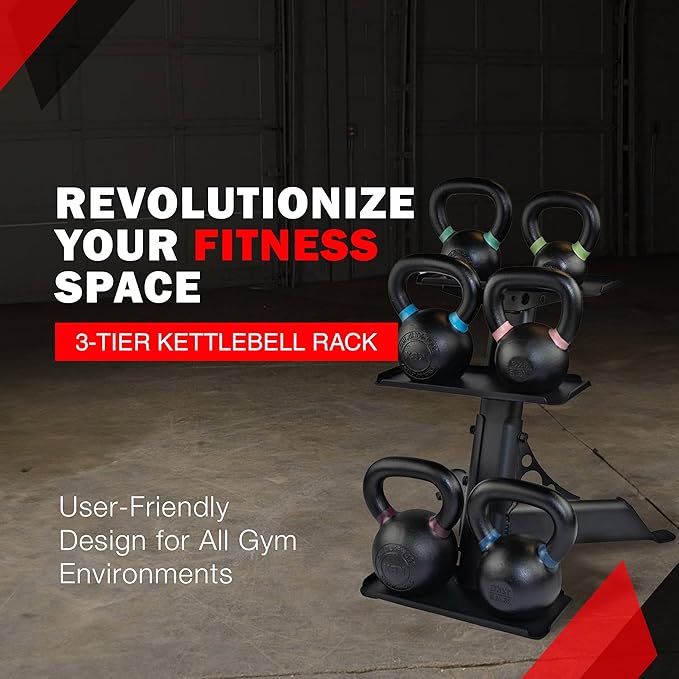 Body-Solid (GDKR50B) 3-Tier Kettlebell Rack - Compact, Durable Kettlebells Weight Stand for Home Gym, Fits 5-50 lb Kettle bells