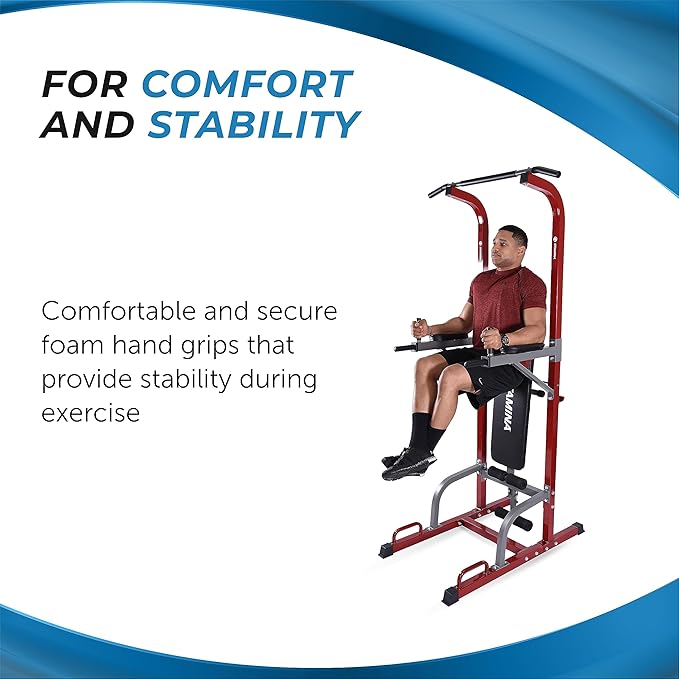 Stamina Full Body Power Tower 735 - Dip Bar with Built-in Bench and Rack - Pull Up Bar Station with Smart Workout App - Dip Bars for Home Workout - Up to 300 lbs Weight Capacity