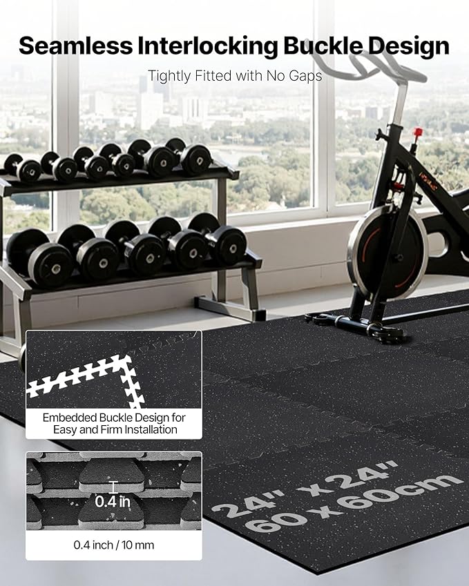 VEVOR 0.4Inch 48sq.ft 12 Tiles Gym Flooring for Home Gym, Rubber Top with High Density EVA Foam, 24 x 24In Gym Floor Exercise Equipment Mats, Interlocking Gym Mats, Puzzle Workout Mats, Black & Gray