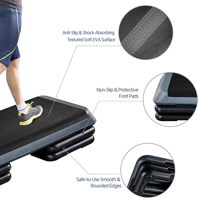 Yaheetech Aerobic Stepper, 4-6-8in Height-Adjustable Aerobic Exercise Step Platform Health Club Size w/Risers & Non-Slip Surface & Non-Marking Feet for Home Gym Workout & Training