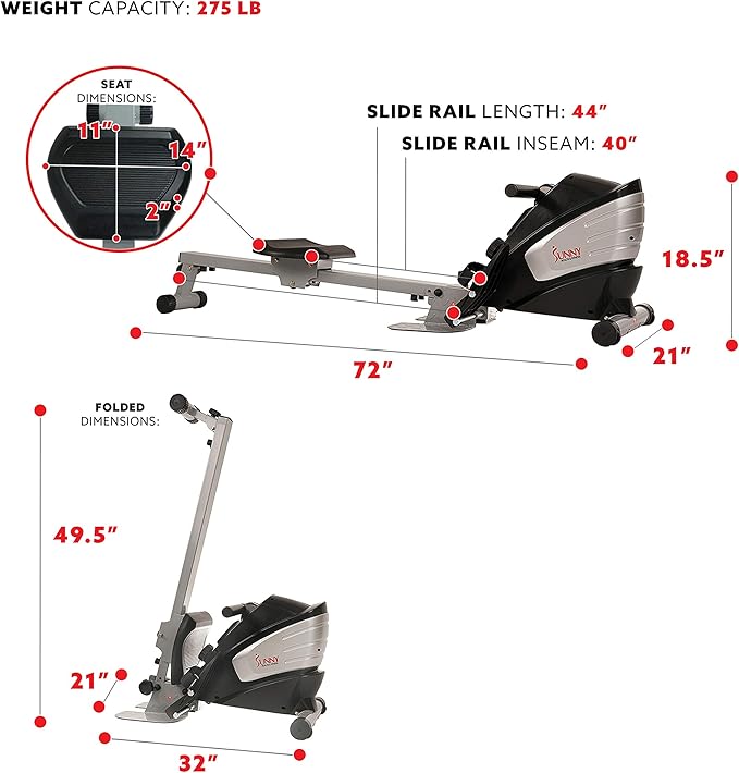 Sunny Health & Fitness Rowing Machine for Low Impact Full Body Workouts Home Training, Flip-able Equipment for EZ-Storage, Optional Magnetic or Air Resistance w/Free SunnyFit App Connection