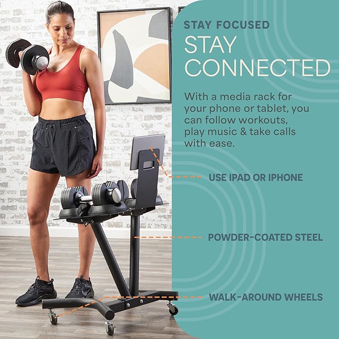 Lifepro Adjustable Dumbbell Stand with Wheels & Phone/Tablet Holder – Compatible with PowerFlow Plus, PowerUp Plus & Other Brands – Smart, Space-Saving Dumbbell Rack for Home Gym