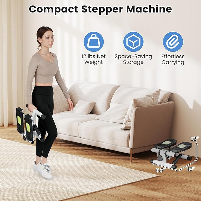 Mini Stair Steppers for Exercise at Home, Hydraulic Step Climber Machine with Resistance Bands & LCD Monitor, Portable Under Desk Stepper for Full Body Cardio Workout