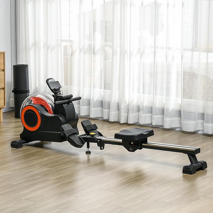 Water Rowing Machine for Home, Foldable Rower Machine with Adjustable Water Resistance, LCD Monitor, Tablet Holder and Transport Wheels for Home Cardio Training 264 lbs Weight Capacity Red