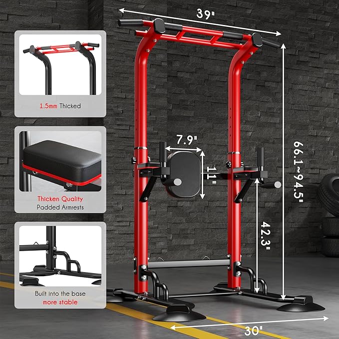 DlandHome Pull Up Bar Power Tower Dip Station, Height Adjustable Heavy Duty Workout Dip Stand, Multi-Functional Strength Training Machine for Men Women Home Gym