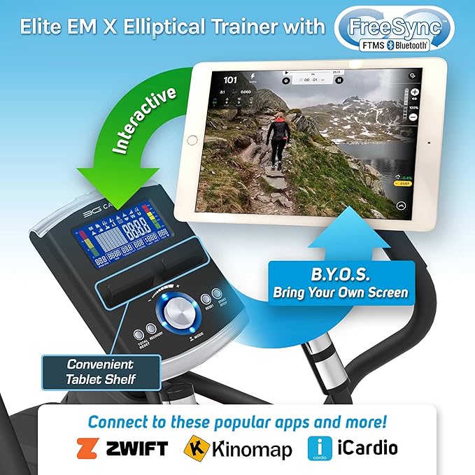 3G Cardio Elite EM X Elliptical Trainer Machine with 18”- 23” Adjustable Stride, Small Space Saving 49.2” Footprint, FreeSync™ FTMS Smart HD Connectivity, 350LB Max Weight, 5 Year Parts Warranty.