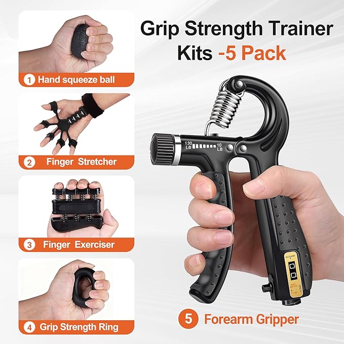 Grip Strength Trainer Kit (5 Pack) Adjustable Resistance Hand Gripper,Finger Exerciser,Hand Extension Exerciser,Stress Relief Ball and Forearm Workout Ring for Muscle Building Injury Recover