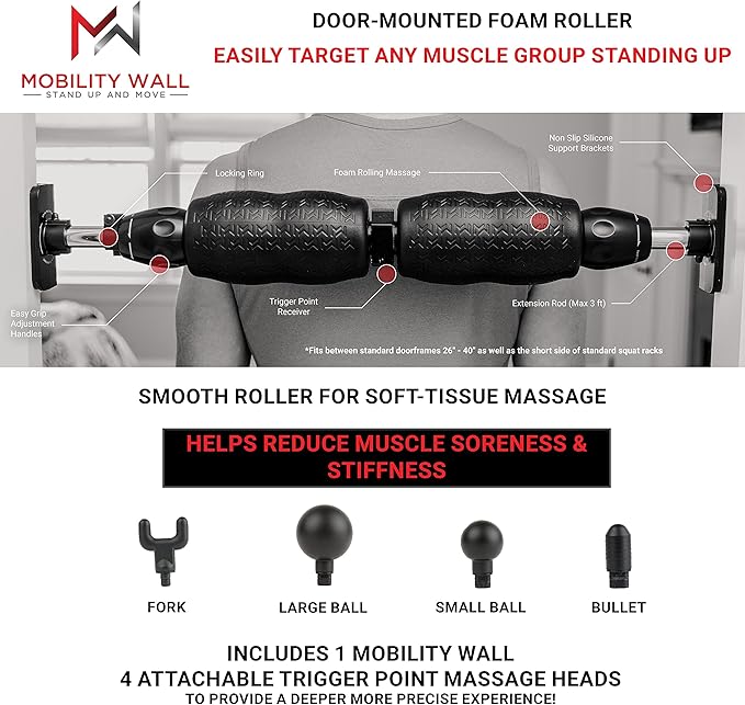 Mobility Wall- Stand Up Door Mounted Smooth Foam Roller for Soft Tissue Massage & Muscle Recovery for Exercise, Includes 4 Trigger Point Attachments