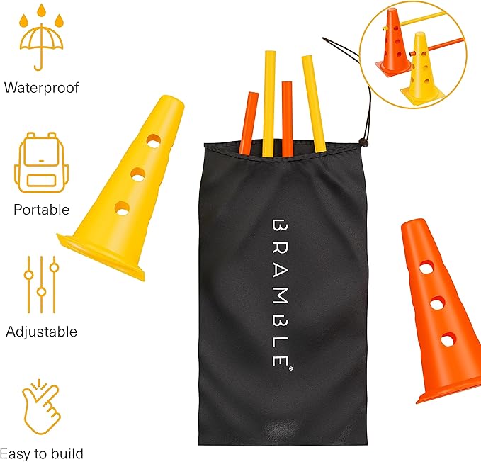 Bramble - Speed Agility Training Hurdles Set with 3 Height Levels, 12 Cones 15" & 6 Training Poles 40", Exercise Jumping Hurdles for Kids, Football Agility Poles, Dog Training Agility Equipment