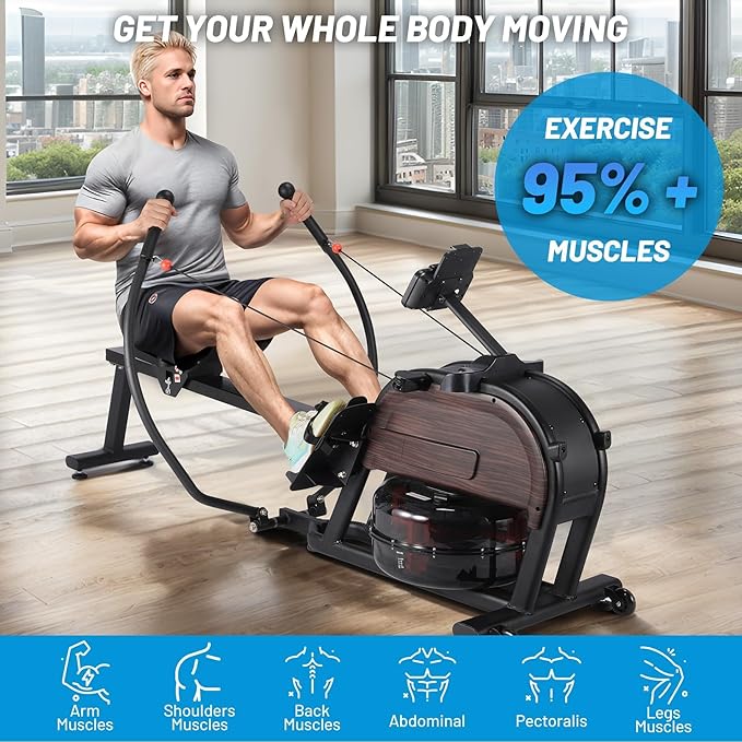 380 LBS Home Water Rowing Machine,Digital Monitor Tracks Workout Data, Ergonomic Seat Ensures Comfort,App-Enabled for Guided Training
