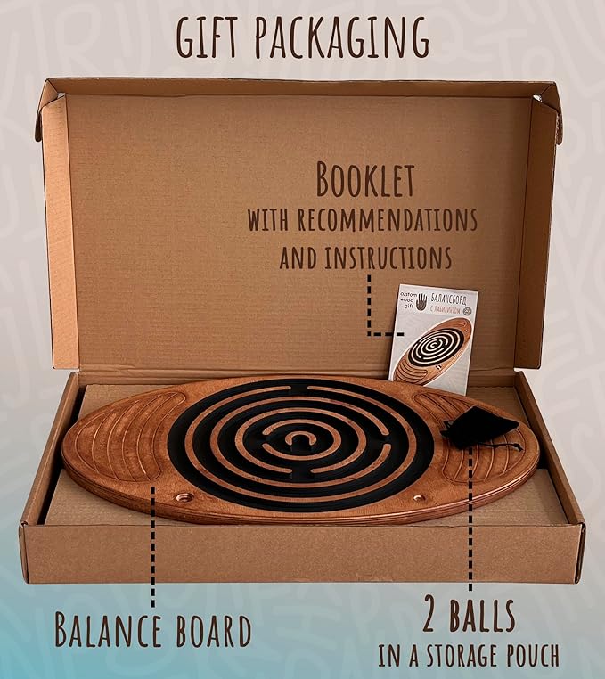 Wooden Balance Board Maze, Fun Fitness Tool for Kids and Adults, Wobble Balance Board, Natural Beech Wood Montessori Toy, Core Strength, Fitness, Training, Physical Therapy