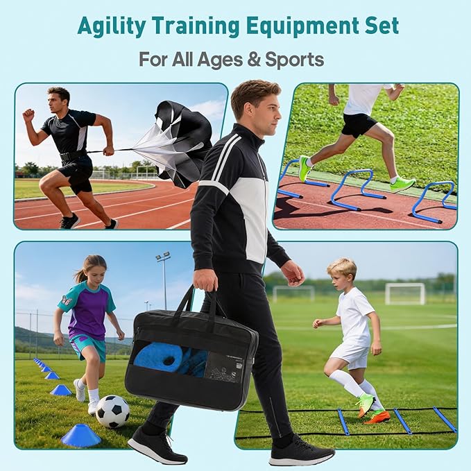OLIXIS Soccer Agility Training Equipment Set- 20 ft Speed Ladder, 12 Soccer Cones, 4 Agility Hurdles, Jump Rope, Resistance Parachute Speed Training Equipment for Kids, Youth, Adults