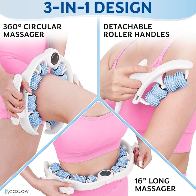 COZLOW Cellulite Massage Roller - Blue - Anti-Cellulite Massager with Detachable Roller Handles for Thighs, Legs & Buttocks - Fascia Massage Tool for Lymphatic Drainage & Deep Tissue Therapy