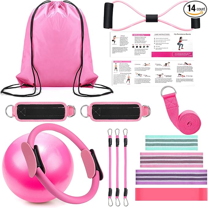 Pilates Ring Circle Set 15 Pcs Exercise Equipment Accessories for Women Workouts Pilates Ball Stretching Strap Gym Backpack Resistance Band Arm Stretcher for Training Body Shape