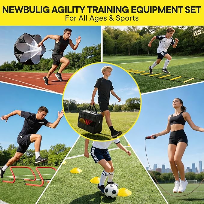 NEWBULIG Agility Ladder Speed Training Equipment, Football Practice Set with 20ft Ladder, 12 Cones, 4 Adjustable Hurdles, Jump Rope, Resistance Parachute for Soccer, Basketball, Youth, Adults