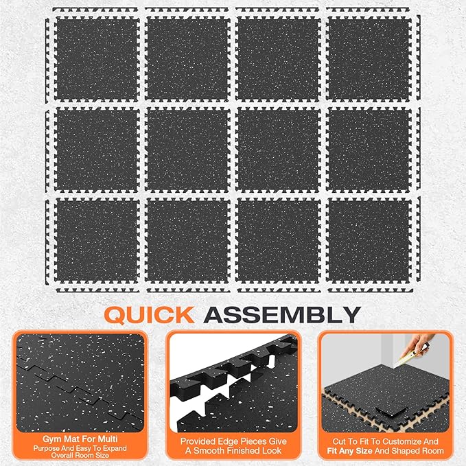 0.56'' Thick 12 Pcs 48 Sq Ft Non-Slip Rubber Top Exercise Equipment Mats, High Density EVA Foam Mats with Rubber Top, Interlocking Puzzle Gym Flooring for Home Gym, Workout Floor Mats, Black