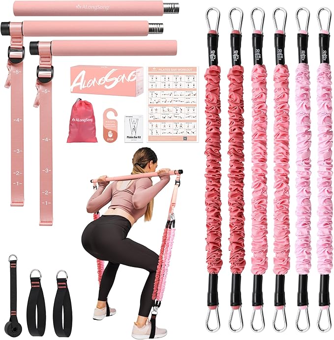 Upgraded Pilates Bar Kit with Resistance Bands Natural Latex for Women & Men, Heavy-Duty Stainless Steel Multifunctional Yoga Pilates Stick for Home Gym Exercise Fitness Equipment Full-Body Workouts