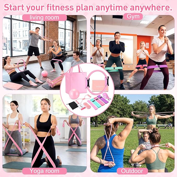 11 Pcs Pink Yoga Accessories Set for Women, Home Pilates Essential Kit for Workout Gym Lover Gifts with Yoga Mat Magic Circle Tote Bag 3 Resistance Bands Strap Socks Towel Ball TPE Loop