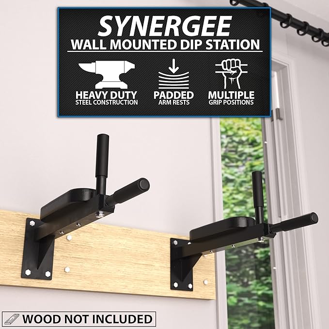 Synergee Wall Mounted Dip Station. Dip Bars for L Sits, Knee Raises, and More! Gymnastics and Upper Body Fitness Training. Max Capacity 400 LB.