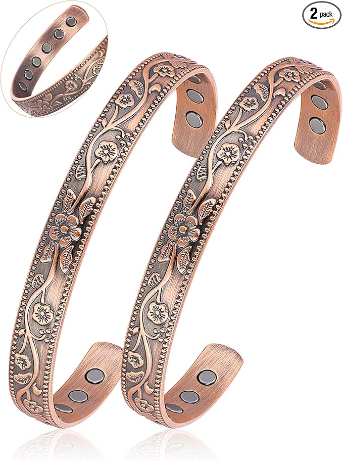 BioMag 2 Pcs Magnetic Copper Bracelet for Women Men, 99.99% Pure Copper Cuff Bangle with with 12 Pcs 3500 Gauss Magnets, Adjustable Size, Floral Vine Design