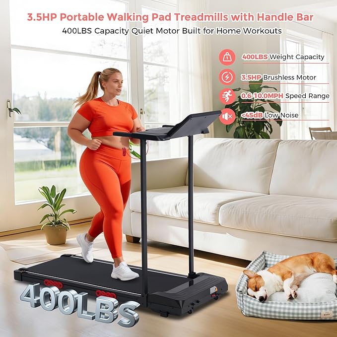 Walking Pad with Incline, 2026 Upgrade Electric Small Walking Pad with Handle Bar, 3.0HP Protable Walking Pad Treadmill with Handles and Incine for Home Small, 0.6-7.6MPH, 350LBS