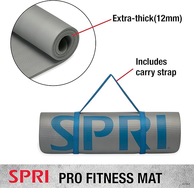 SPRI 12mm Pro Fitness Matt - Thick Exercise Mat for Floor Workouts, Sit-Ups, Push-Ups, Stretching, Toning, and General Fitness - Non-Slip Texture, Cushioned, Portable Rolling Mat with Carrying Strap