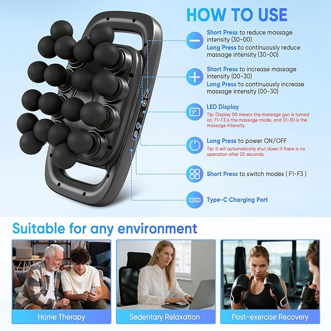 20-Head Massage Gun Set, Deep Tissue Massager with 3 Modes & 30 Levels, Muscle Massager Pain Relief, Percussion Massage Gun for Back/Shoulders/Legs/Waists (Black, 20-Head)