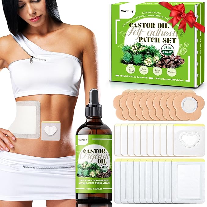 30 Pcs Castor Oil Patches with Castor Oil Organic Cold Pressed Unrefined Glass Bottle(3.5oz),Cotton Caster Oil Pack Wrap for Waist Back Neck Arm Belly,Self-Adhesive Disposable for Convenient Use