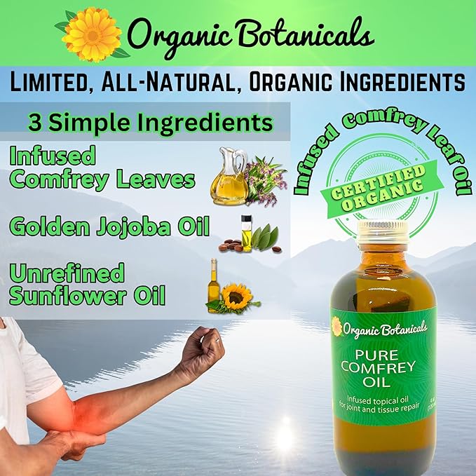 Pure Organic Comfrey Leaf Infused Oil - Skin Care for Joints, Back, Muscles, Fractures, Bruises, and Minor Wounds, Natural Herbal Body Massage Oil, Certified Organic (16 oz)