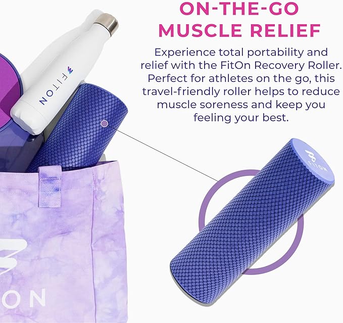FitOn Recovery Fitness Foam Roller - High Density Travel Exercise Roller for Muscle Recovery, Massage and Deep Tissue Relief - Compact and Portable for Exercise, Travel, and Fitness - 12"x4", Purple