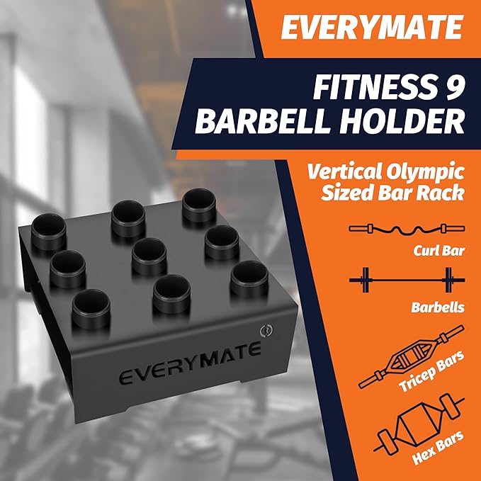 EVERYMATE Vertical Barbell Rack - Heavy-Duty Steel Organizer, Barbell Holder Floor Stand, Fits 2" Olympic Bars with Scratch-Resistant Inserts, Space-Saving for Home/Garage/Commercial Gym