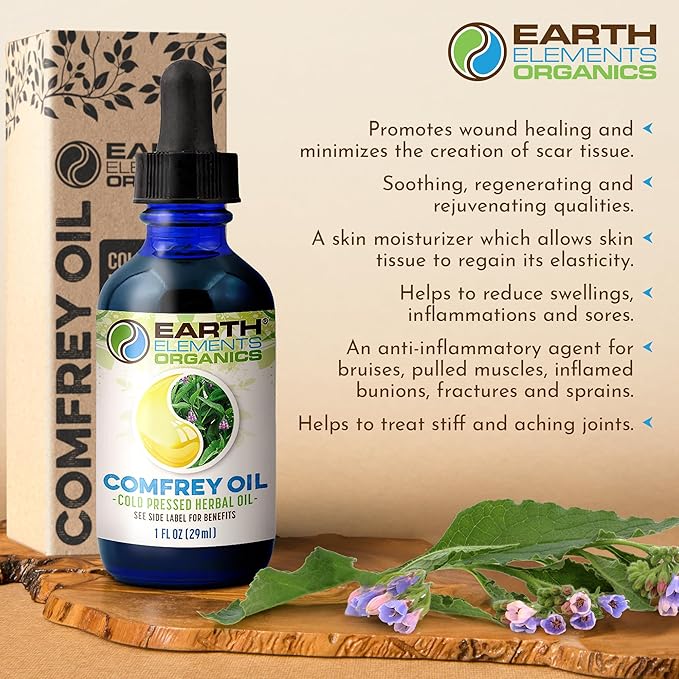 Comfrey Body Oil Raw, Infused Herbal Care, Organic Skincare, Unscented, for All Skin Types - 1 fl oz