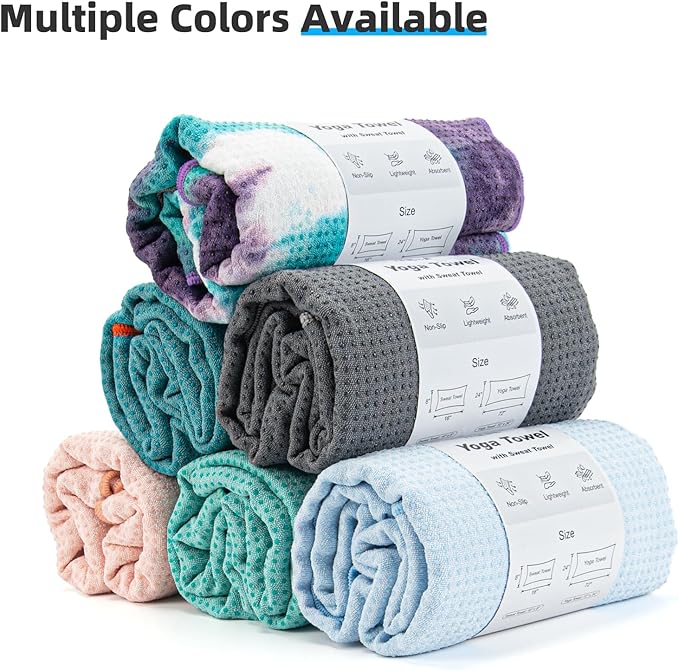 YESLIFE Non-Slip Extra Thick Hot Yoga Towel with One Sweat Towel, Microfiber Sweat Absorbent Yoga Mat Towel with Grip Dot, Pilates Mat, 72" x 24", Cyan