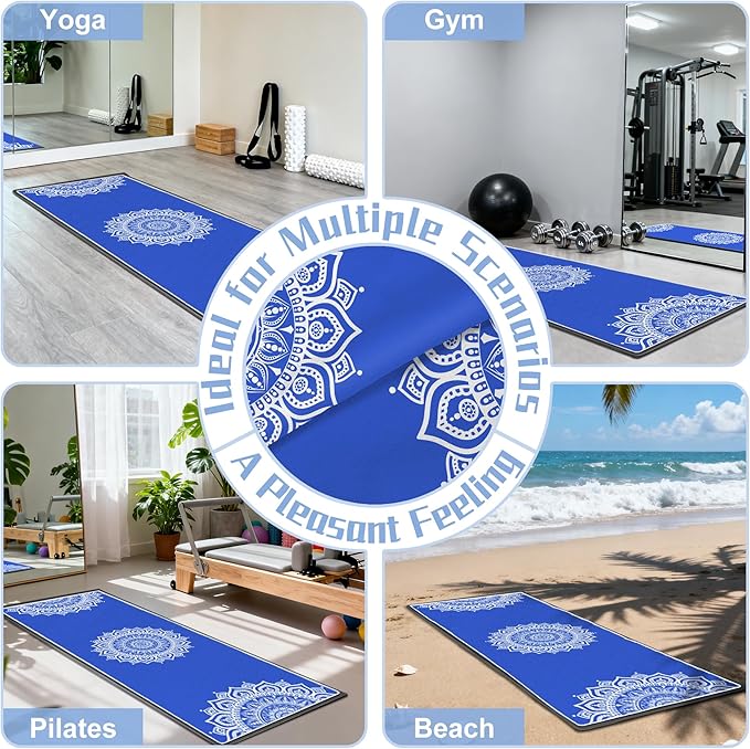 Yoga Towel,Absorbent Yoga Mat Towel for Hot Yoga Non Slip,Stylish Prints,Ideal for Workouts,Hot Yoga,Bikram,Pilates Equipment,72 x 27 in,Blue Mandala
