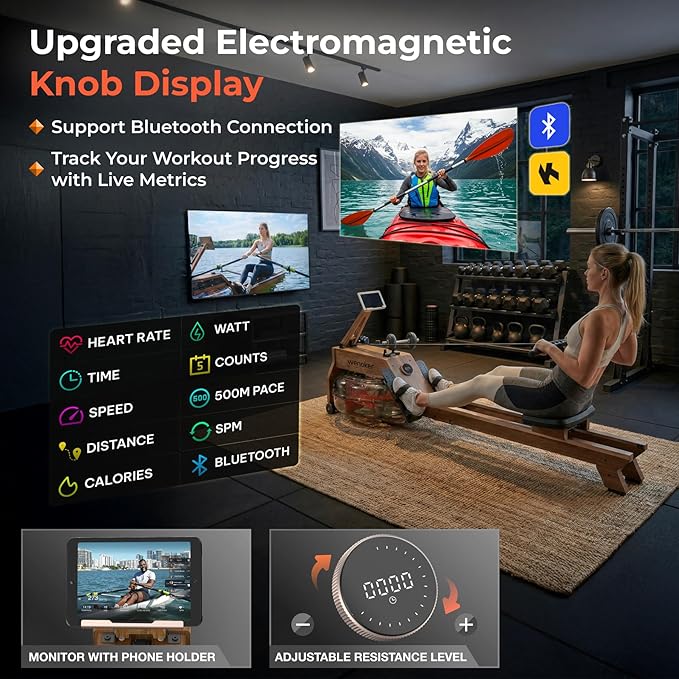 Water Rowing Machine for Home Use, WENOKER Wooden Foldable Rower Machine with Dedicated Monitor & Bluetooth APP, Large Water Tank & Comfortable Seat for Immersive Water Rower, 350LBS Weight Capacity