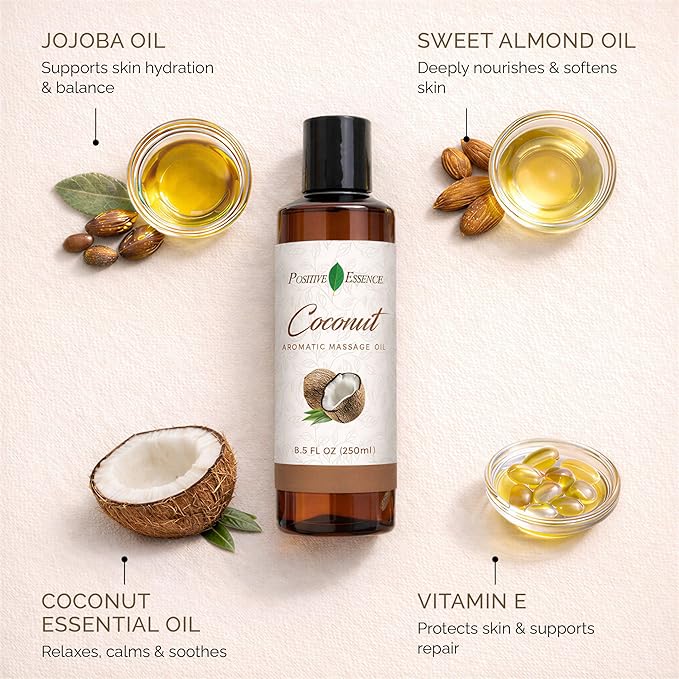 Relaxing Coconut Massage Oil, Made with Jojoba Oil, Sweet Almond Oil, Vitamin E and Extra Virgin Coconut Oil, Relaxing Gifts for Women or Natural Body & Mind Relaxation, Aromatic
