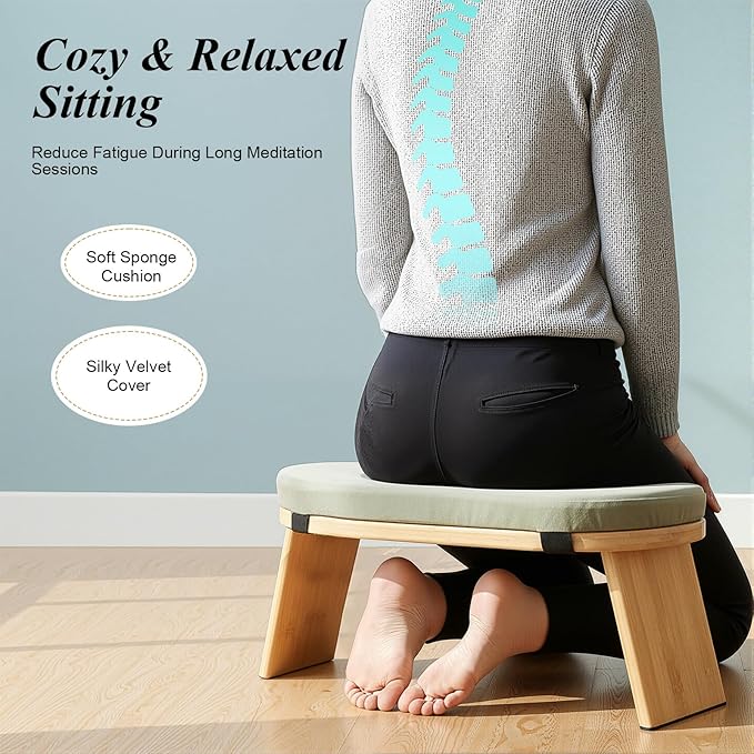 DYNAMI Bamboo Meditation Bench with Sponge Cushion, Portable Foldable Ergonomic Meditation Stool,Wooden Kneeling Stool for Yoga Sitting Prayer,Load Capacity 396lbs (Green)