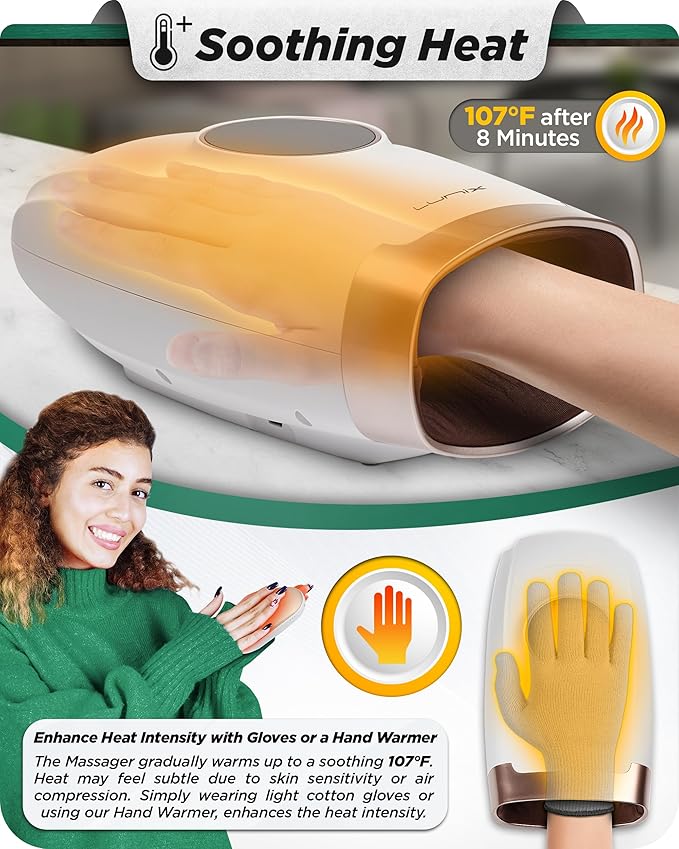 Lunix LX7 FSA LCD Touchscreen Hand Massager, Heated Air Compression, for Arthritis & Carpal Tunnel Relief, Finger Numbness & Wrist Pain Relief, Cordless Rechargeable, Lunar White