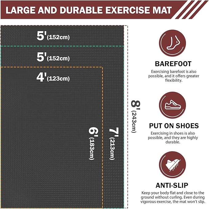 Extra Large Exercise Mat, 6'x4'/7'x5' /8'x5' (6mm) Thick Workout Mat for Home Gym & Garage Flooring, Shoe-Friendly, Non-Slip, Ultra Durable, Thick Large Workout Mats for Home Workouts