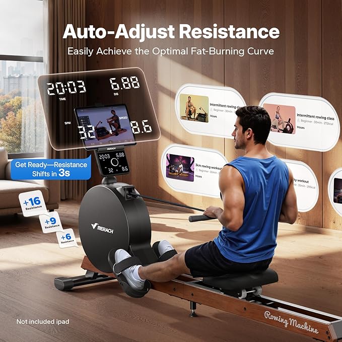 MERACH Pro-Grade Rowing Machines for Home, Smart Magnetic Rowing Machine with Self-Generation, Double Resistance and 400 LBS MAX Load, Wooden Tracks for Silent Sliding, MERACH App 1000+ Course & Games