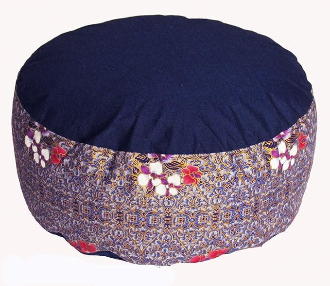 Meditation Cushion Zafu Pillow - Buckwheat and Kapok Fill - Indochine Blue Floral