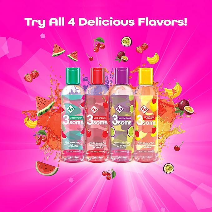 ID Lubricants 3some Flavored Sensual Massage - Wild Cherry Oral Delight & Warming Fun for Couples Pleasure - 4 fl oz Sensual 3in1 Massage Lube
