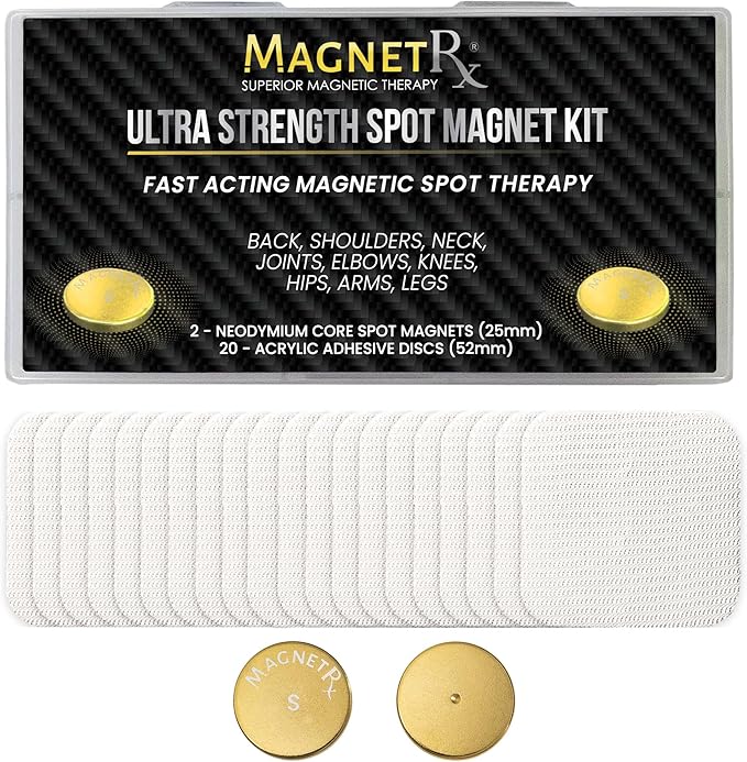 MagnetRX® Magnetic Spot Kit – Ultra Strength Body Magnets 14,200 Gauss – Effective Large Magnets for Body, Back, Shoulders, Knee, HIPS, and Neck (2 Magnets + 20 Adhesives)