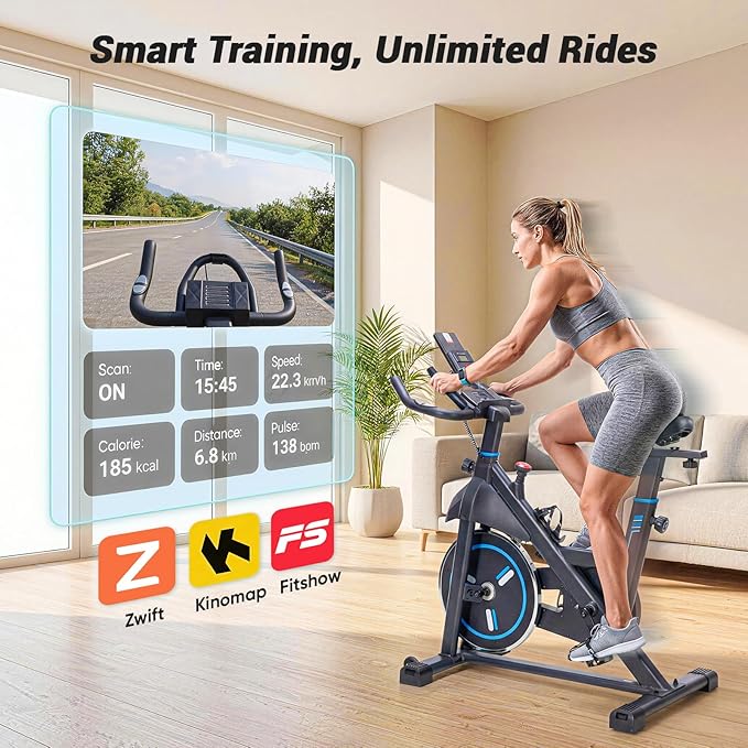 OLIXIS Exercise Bike with APP Control, Brake Pad Stationary Bikes with Quiet Magnetic Resistance, Indoor Cycling Spin Workout Bike with 300.0 lbs Weight Capacity