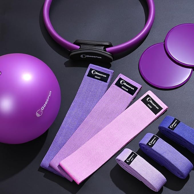 Pilates Ring Set Exercise Equipment, with Exercise Resistance Bands Set, Pilates Ball, Sliding Disks. Portable Home Gym - with Fitness Guide Poster
